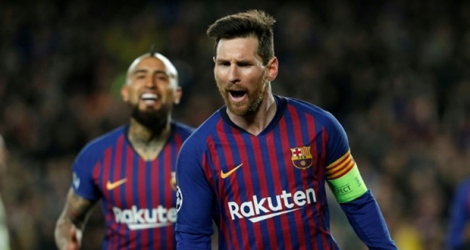 La star du Barça Lionel Messi marque contre Lyon en 8es de finale retour de la Ligue des champions, le 13 mars 2019 au Camp Nou.