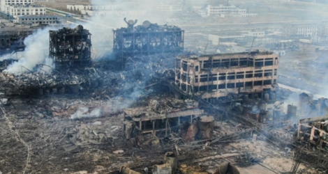 Vue aérienne du site d'une usine chimique après une explosion, le 22 mars 2019 à Yancheng, en Chine.
