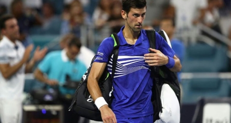 Le N1 mondial Novak Djokovic, après sa défaite contre l'Espagnol Roberto Bautista Agut le 26 mars 2019 à Miam.