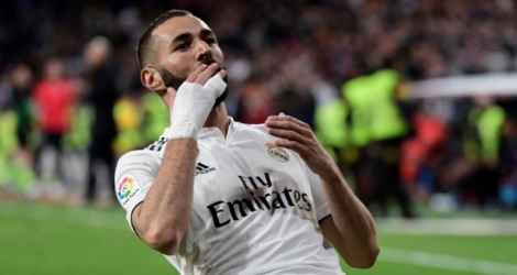 L'attaquant du Real Madrid Karim Benzema buteur lors de la victoire du Real Madrid 3-2 sur Huesca en 29e journée du championnat d'Espagne le 31 mars 2019.