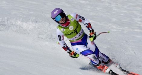 Tessa Worley dans l'aire d'arrivée du slalom géant des finales de la Coupe du monde de ski alpin de Soldeu, le 17 mars 2019.
