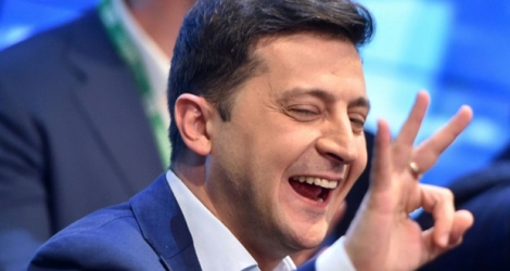 Le comédien ukrainien et candidat à la présidence après l'annonce de sa très large avance au second tour du scrutin, à son QG de campagne, le 21 avril 2019.
