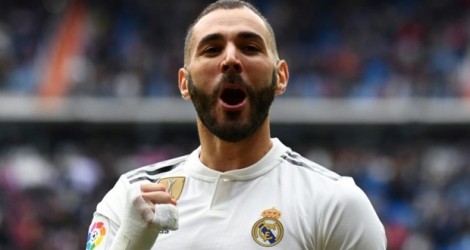 L'attaquant du Real Karim Benzema auteur d'un triplé contre l'Athletic Bilbao, le 21 avril 2019 au stade Santiago-Bernabeu à Madrid.