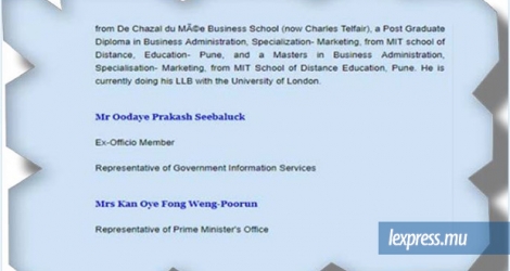 Capture d’écran du site Internet de la MBC montrant que le représentant du Government Information Service au sein de son «board» est le n°2, Oodaye Prakash Seebaluck.