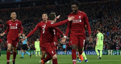 L'attaquant belge Divock Origi (N.27) qualifie Liverpool en marquant le 4e but contre Barcelone à Anfield, le 7 mai 2019.
