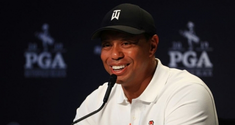 Tiger Woods en conférence de presse avant le début du Championnat PGA, à Bethpage dans l'Etat de New York, le 14 mai 2019.