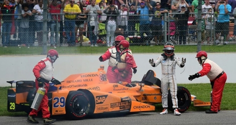 Fernando Alonso contraint à l'abandon le 28 mai 2017 lors de sa première participation aux 500 miles d'Indianapolis.