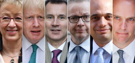 Photos récentes des six principaux prétendants à la succession de la Première ministre britannique Theresa May: de gauche à droite, Andrea Leadsom, Boris Johnson, Jeremy Hunt, Michael Gove, Sajid Javid et Dominic Raab. 