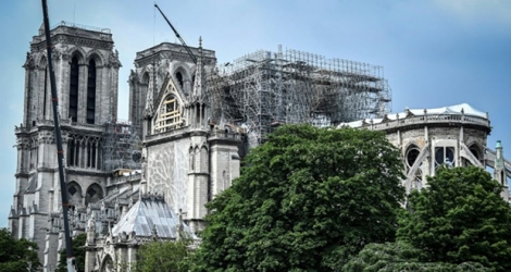 Des échaffaudages installés sur Notre-Dame, le 20 mai 2019 à Paris, gravement endommagée par un incendie.