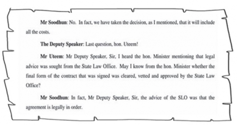Extrait du Hansard, page 77 du 24 mai 2011, où Showkutally Soodhun, alors ministre du Commerce, assurait que le parquet avait approuvé le contrat Betamax.