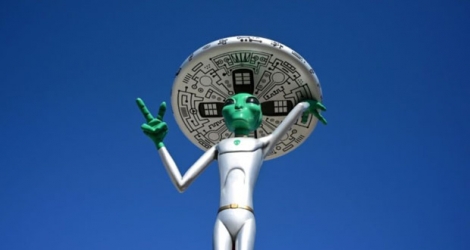 Une sculpture d'extra-terrestre, le 4 mars 2019, dans la ville de Baker (Etats-Unis, Californie), connue sous le nom de «Gateway to Area 51».