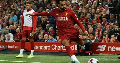 Le joueur de Liverpool Mohamed Salah buteur lors de la victoire sur Norwich 4-1 à Anfield en ouverture de la Premier League le 9 août 2019.