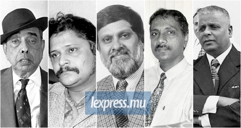 (De g. à dr.) Sir Radhamohun Gujadhur, Suresh Moorba, Vishwanath Sajadah, Satyadev Moutia et Dayanandlall Basant Rai.