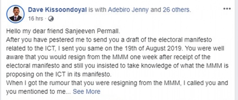 Dave Kissoondoyal a accusé Sanjeeven Permall sur Facebook d’avoir voulu profiter des informations dans le manifeste du MMM avant de rejoindre le MSM.