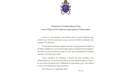 Le pape François a adressé une lettre de remerciement au cardinal Piat.