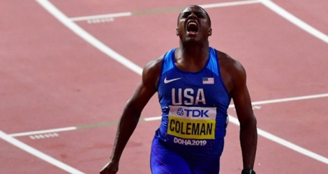 L'Américain Christian Coleman lors de sa victoire au 100 m aux Mondiaux d'athlétisme de Doha le 28 septembre 2019.