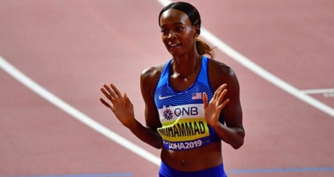 La hurdleuse americaine Dalilah Muhammad à l'issue de sa série du 400 m haies des Mondiaux de Doha, le 1er octobre 2019.