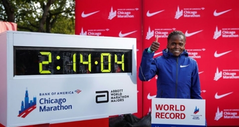 Brigid Kosgei victorieuse du marathon de Chicago, record du monde à la clé, le 13 octobre 2019.