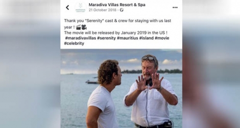 Post de l’hôtel Maradiva en 2018 remerciant l’équipe de tournage.
