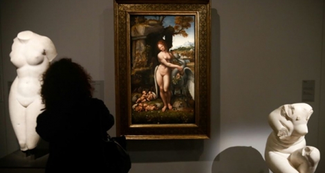 Une visiteuse admire le tableau «Leda et le cygne» lors de la rétrospective consacrée à Léonard de Vinci, le 22 octobre 2019 au Musée du Louvre, à Paris.