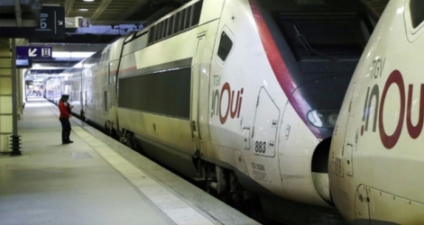 Des TGV à à la gare Montparnasse lors d'une grève à la SNCF, le 28 octobre 2019 à Paris Photo JACQUES DEMARTHON. AFP