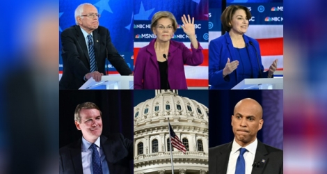 Les candidats à la présidentielle et sénateurs Bernie Sanders (haut, gauche), Elizabeth Warren (centre), Amy Klobuchar (droite), Michael Bennet (bas, gauche) et Cory Booker (bas, droite) devront assister au procès du président américain au Sénat, ce qui empiètera sur leur campagne.