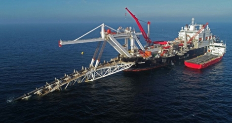 Le navire de pose de pipeline «Audacia» de l'entreprise suisse Allseas, le 15 novembre 2019 au large des côtes de l'île de Ruegen, en mer Baltique.