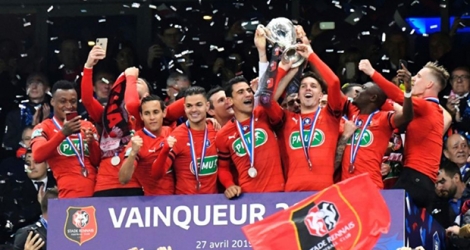 Les joueurs du Stade Rennais vainqueurs de la Coupe de France contre le PSG, le 27 avril 2019 au Stade de France à Saint-Denis.