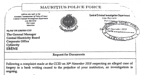 Fac-similé de la lettre, signée du surintendant de police Rugbur, envoyée au directeur du CEB, en décembre 2018.