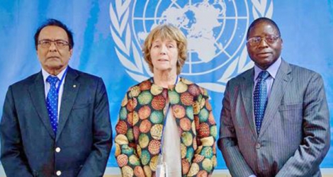 La Commission d’enquête internationale pour le Mali : de gauche à droite : Vinod Boolell, Lena Sundh, la présidente, et Simon Munzu. © NATIONS UNIES