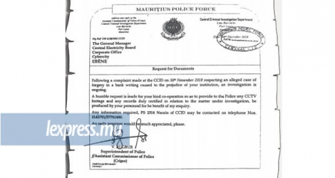 Fac-similé de la lettre, signée du surintendant de police Rugbur, envoyée au directeur du CEB, en décembre 2018.