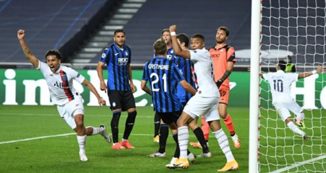Le poing rageur de Marquinhos auteur de l'égalisation parisienne face à l'Atalanta en quart de finale de la Ligue des champions, le 12 août 2020 à Lisbonne.