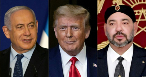 (g-d) Le Premier ministre israélien Benjamin Netanyahu, le président américain Donald Trump et le roi du Maroc Mohammed VI.