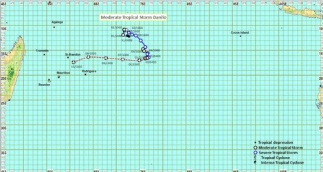 La carte de trajectoire de Danilo émise par les services météo de Vacoas ce mercredi 6 janvier à 4 heures.