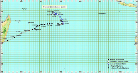 La carte de trajectoire de Danilo effectuée par la météo mauricienne à 4 heures dimanche 10 janvier.