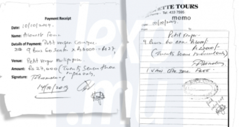 Une des trois factures d’Alouette Tours et le reçu certifiant le paiement. Le directeur de cette compagnie avoue que c’est sa signature et a été incapable de démentir qu’il a bien été payé Rs 188 000 au total.