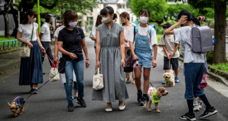 La «Pat'Patrouille» dans une rue qui mène à une école primaire de Tokyo, le 14 juillet 2021  afp.com - Philip FONG