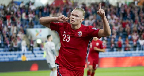 La joie de l'attaquant norvégien Erling Haaland, après avoir ouvert le score face aux Pays-Bas, lors du match de qualification pour le Mondial-2022 au Qatar, le 1er septembre 2021 à Oslo.