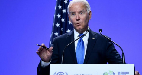 Le président américain Joe Biden lors d'une conférence de presse à la COP26, le 2 novembre 2021 à Glasgow, en Ecosse.