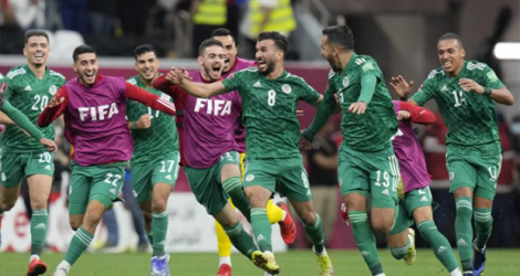 L'équipe Algérienne célèbre le but inscrit par Amir Sayoud lors des prolongations. Les Fennecs ont remporté la Coupe Arabe des Nations pour la première fois. 
