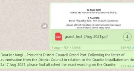 Comme l’indique la capture d’écran, Rezistans ek Alternativ a envoyé le texte au président de conseil de district avant l’inscription sur la plaque commémorative, le 6 août 2021.