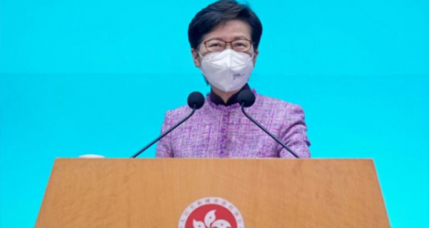 Carrie Lam, cheffe de l'exécutif à Hong Kong, durant une conférence de presse le 4 avril 2022.