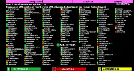 Maurice parmi les 93 pays qui ont voté pour la suspension de la Russie du Conseil des droits de l'homme des Nations unies. © Euronews