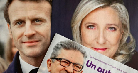 Emmanuel Macron (LREM), Marine Le Pen (RN) et Jean-Luc Mélenchon (LFI), le trio en tête des sondages pour l'élection présidentielle du 10 avril 2022.