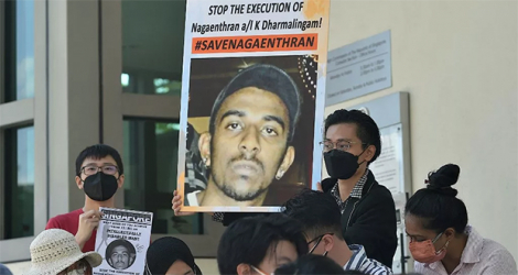 Des activistes manifestent contre l'exécution de Nagaenthran K. Dharmalingam le 9 mars. 