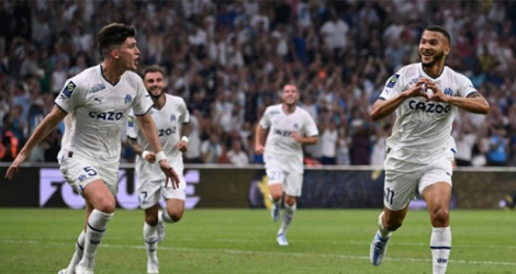 La joie de l'attaquant colombien de Marseille, Luis Suarez, après avoir marqué le 3e but face à Reims, en clôture de la 1ère journée de Ligue 1, le 7 août 2022 au Stade Vélodrome.