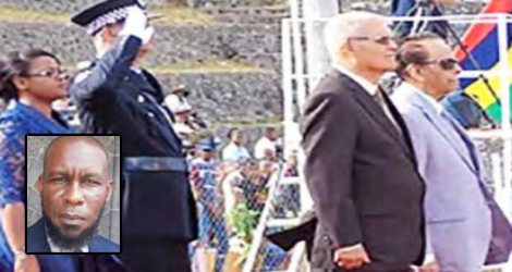 Sir Anerood Jugnauth et Serge Clair, le 12 octobre 2018, lors du 16e anniversaire de l’autonomie de Rodrigues. (En médaillon) Justar Tolbize, président adjoint de l’Assemblée régionale de Rodrigues, n’était pas présent à l’aéroport de Plaine-Corail pour accueillir le PM.