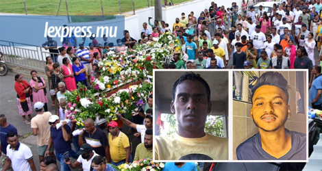 Plusieurs centaines de personnes se sont déplacées pour assister aux funérailles des deux pèlerins. Les deux victimes : (de gauche à droite) Parmeshwar Dhookeeya et Rohan Doorjean. © Dev Ramkhelawon