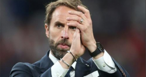 Le sélectionneur anglais Gareth Southgate après la défaite des Three Lions aux tirs au but face à l'Italie en finale de l'Euro de football le 11 juillet 2021 au stade Wembley de Londres.