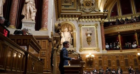 Le ministre des Comptes publics Gabriel Attal s’exprime au Sénat le 2 mars à Paris à l’ouverture des débats sur le projet de réforme des retraites. afp.com – Christophe Archambault 